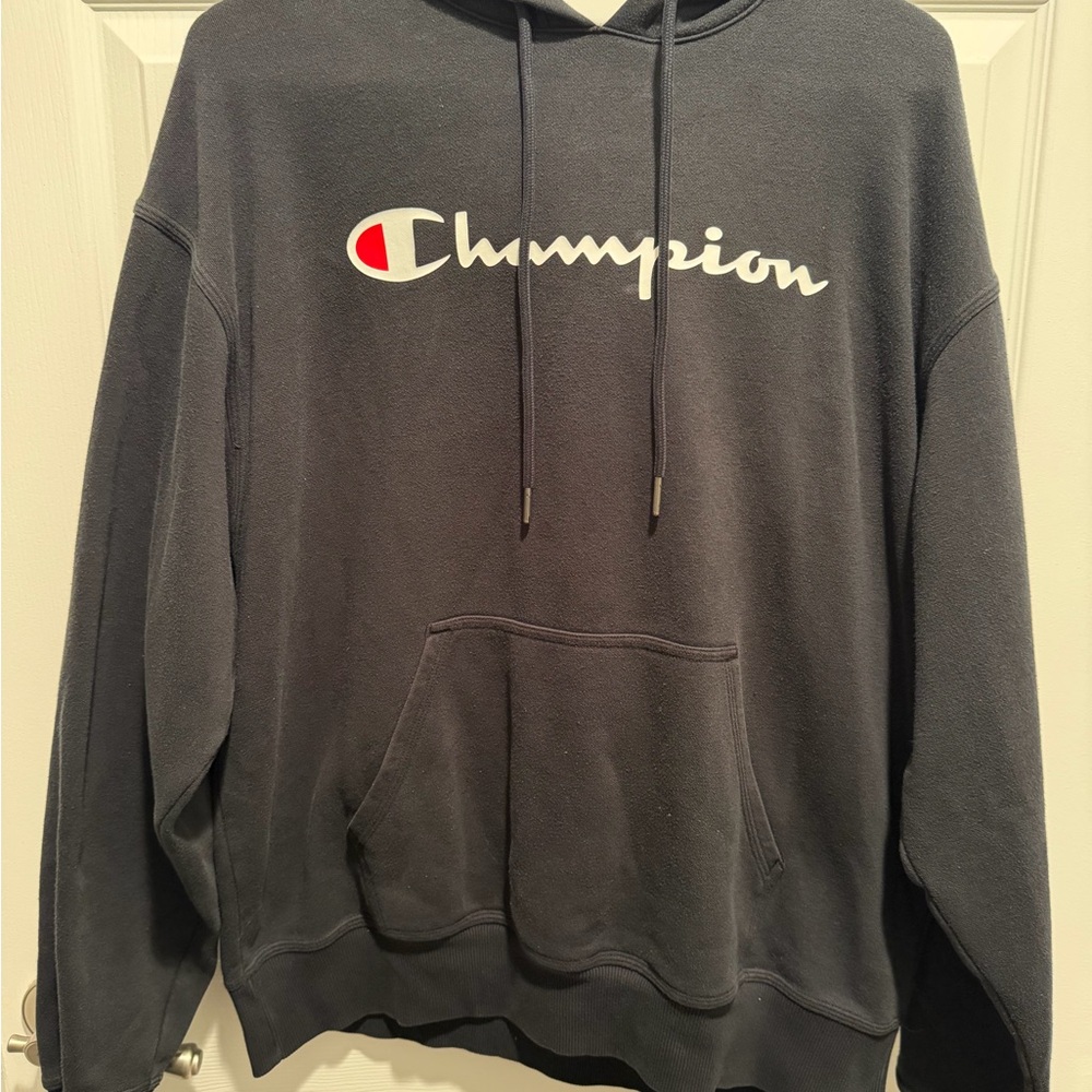 Champion Men's Black Hoodie with White Script and Red Logo Accent